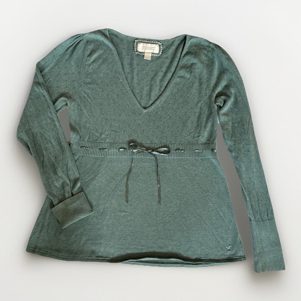 VTG American Eagle Babydoll Sweater Wm XXL Green Pointelle Bella Coquette Y2K